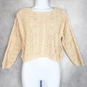 Vintage Cable Knit Sweater Womens Petite Small Beige Cropped Bobble Pullover 80s